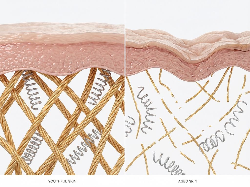 Hautquerschnitt zeigt Kollagen und Elastin: links junge, rechts gealterte Haut mit fragmentierten Proteinfasern
